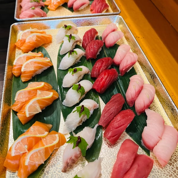 Nigiri and sashimi platter with salmon, whitefish, tuna, and hamachi
