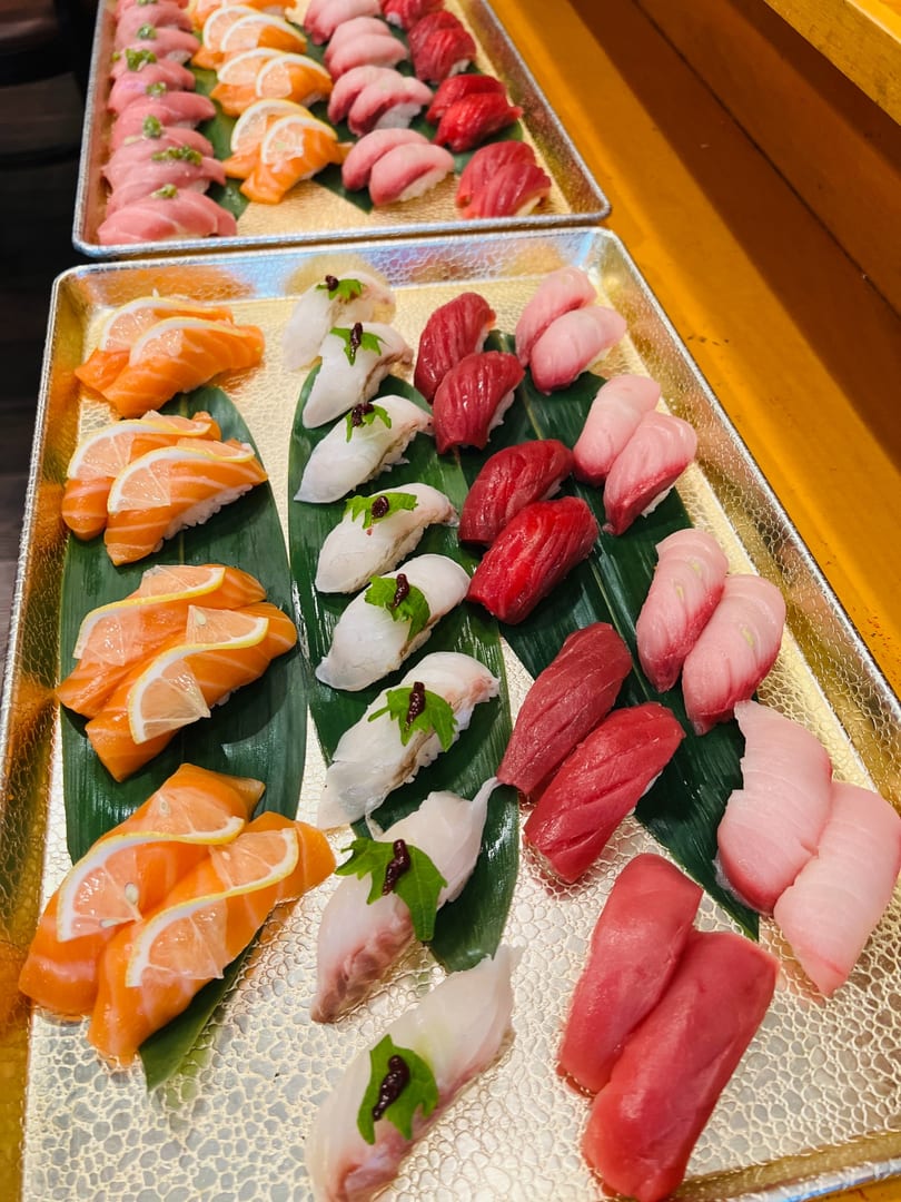 Nigiri and sashimi platter with salmon, whitefish, tuna, and hamachi