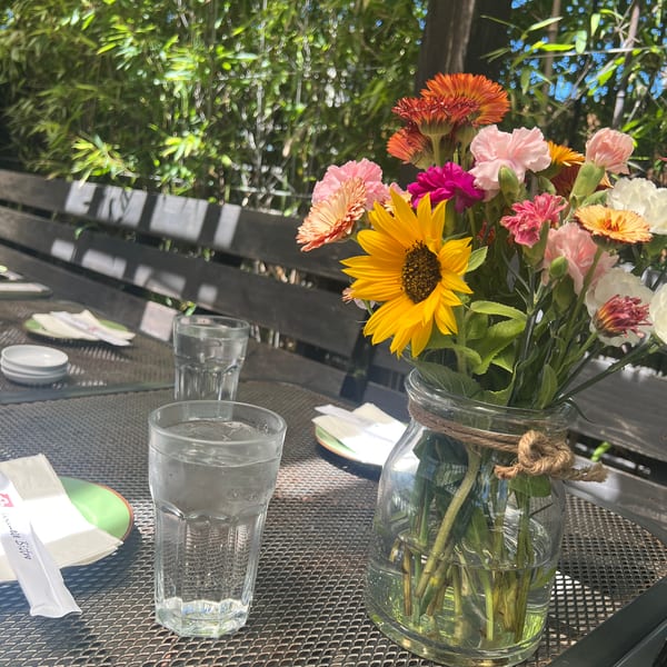 Outdoor dining table with a vibrant flower bouquet, water glasses, and plates under green foliage.